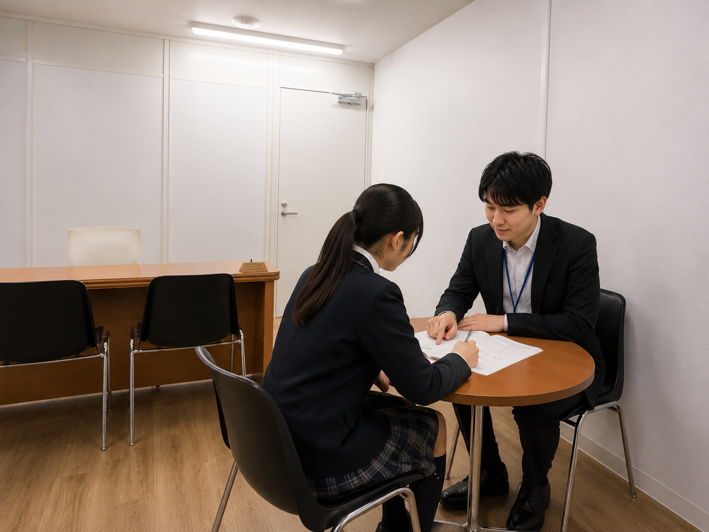 丸テーブルでの個別指導をイメージした相談風景